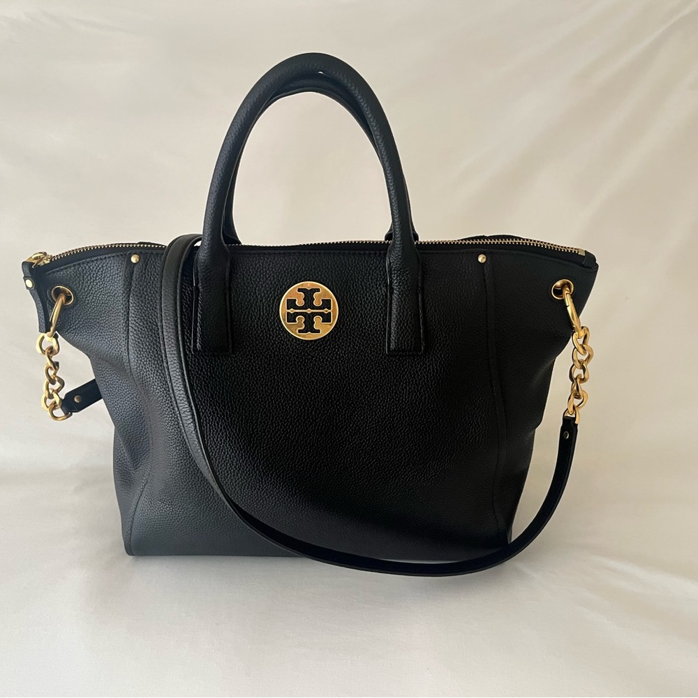 Tory Burch Black Leather Tote with Signature Gold Medallion